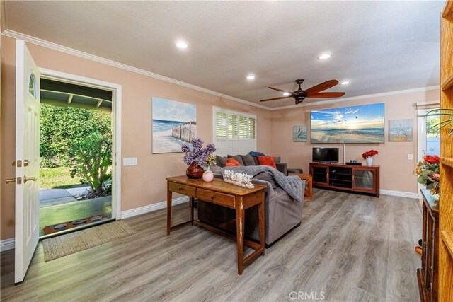 living room with crown molding, ceiling fan, and light hardwood / wood-style floors