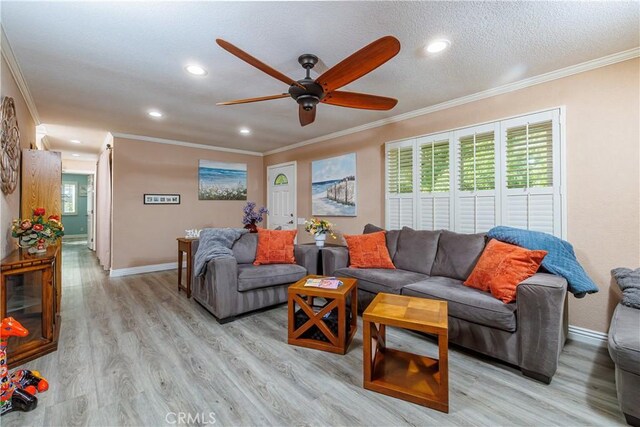 living room with ceiling fan, light hardwood / wood-style flooring, crown molding, and a textured ceiling