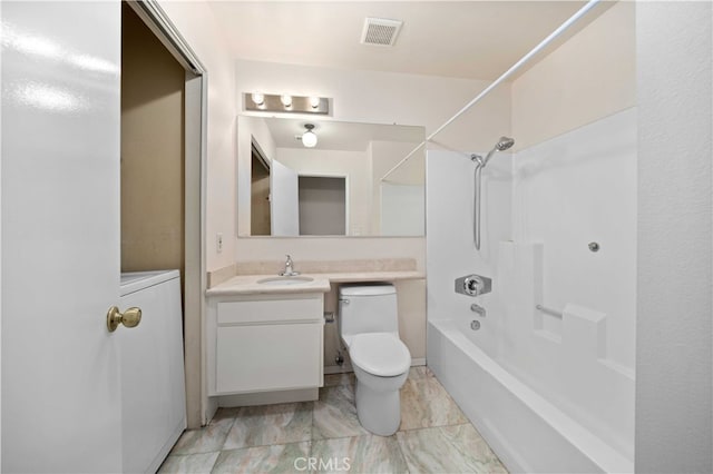 full bathroom featuring vanity, toilet, and  shower combination