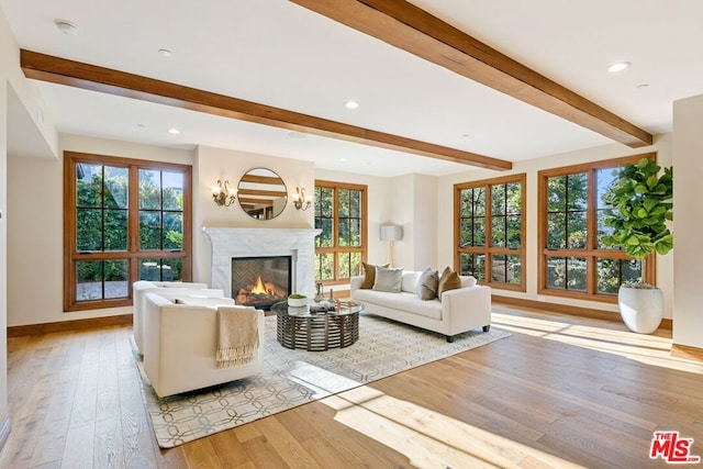 unfurnished living room featuring beam ceiling, light hardwood / wood-style flooring, and a healthy amount of sunlight