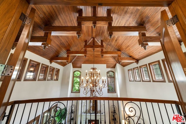 details with beam ceiling, wooden ceiling, and a notable chandelier