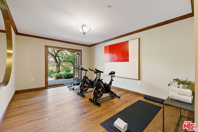 exercise area featuring light hardwood / wood-style flooring and ornamental molding