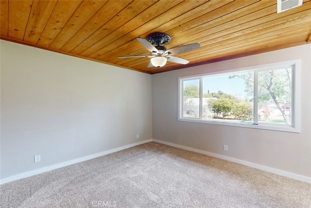 empty room with carpet floors and wood ceiling