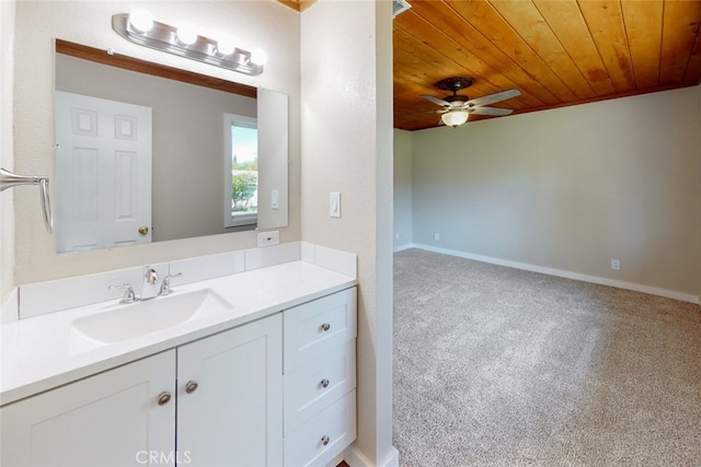 bathroom featuring wooden ceiling, vanity, and ceiling fan