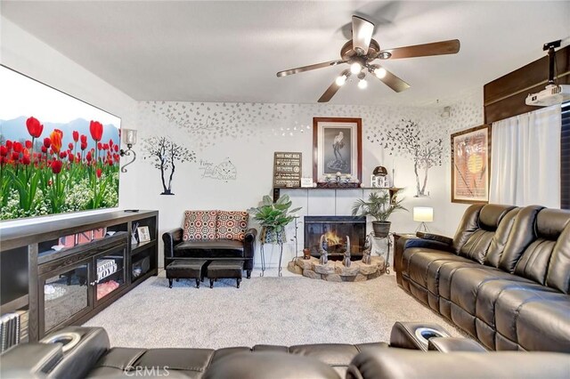 living room with carpet floors and ceiling fan