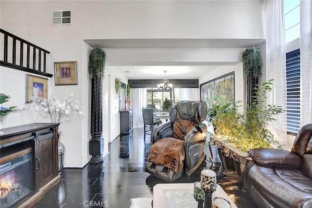 living room with a chandelier