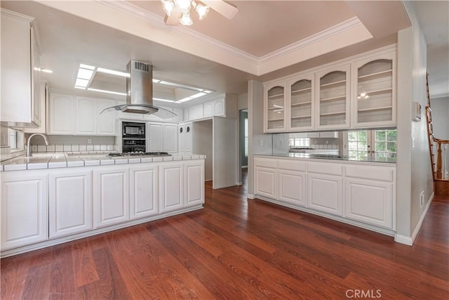 kitchen featuring dark hardwood / wood-style flooring, island range hood, white cabinetry, and black appliances