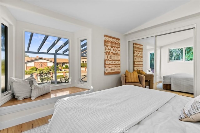 bedroom featuring wood-type flooring, vaulted ceiling, and a closet