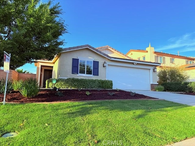 ranch-style house with a garage and a front lawn