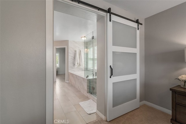 bathroom featuring vanity, separate shower and tub, and tile patterned flooring