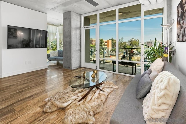 living room featuring expansive windows and wood-type flooring