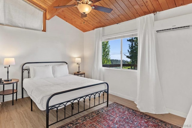 bedroom featuring ceiling fan, vaulted ceiling with beams, wood ceiling, and hardwood / wood-style floors