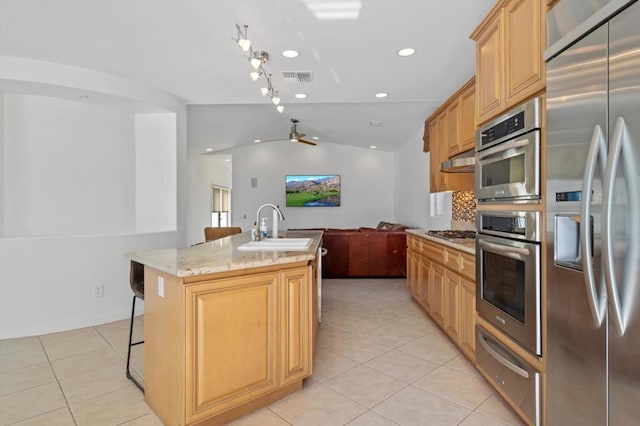 kitchen with sink, vaulted ceiling, an island with sink, appliances with stainless steel finishes, and light stone counters