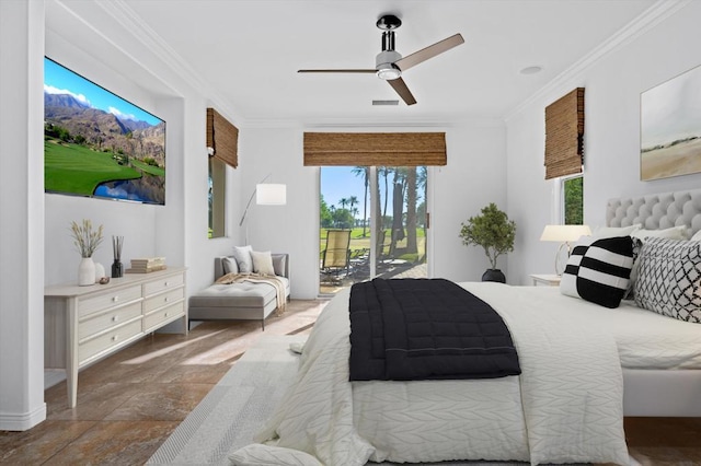 bedroom featuring access to outside, ceiling fan, and ornamental molding