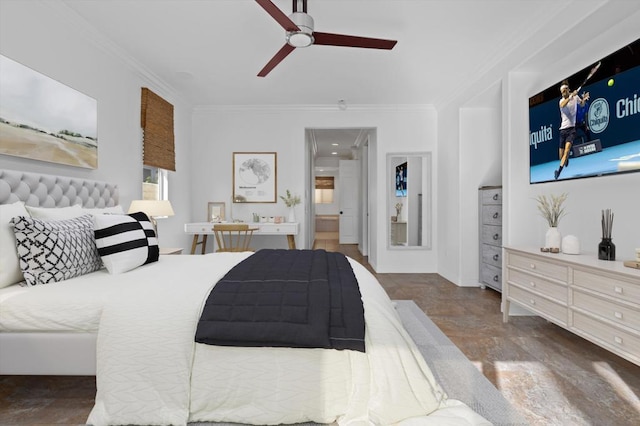 bedroom with ceiling fan and crown molding