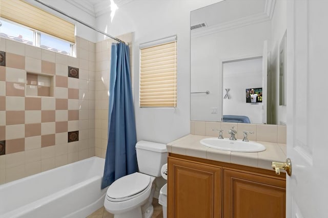 full bathroom with toilet, vanity, shower / tub combo, and ornamental molding