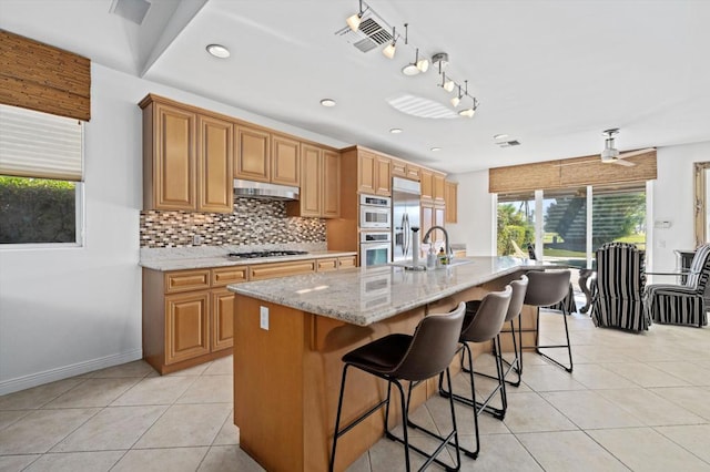 kitchen featuring light stone countertops, decorative backsplash, stainless steel appliances, sink, and a center island with sink