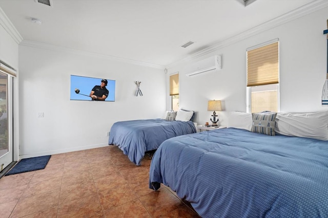 tiled bedroom with an AC wall unit and crown molding