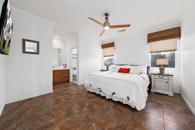 bedroom featuring ensuite bathroom, ceiling fan, and ornamental molding