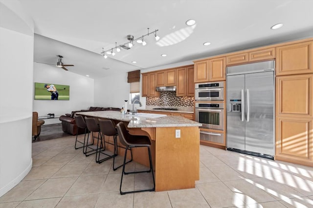 kitchen with light stone counters, stainless steel appliances, ceiling fan, sink, and an island with sink