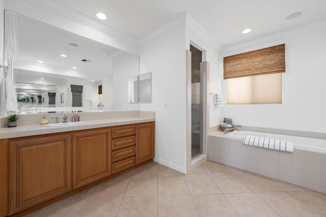 bathroom with tile patterned flooring, vanity, independent shower and bath, and crown molding