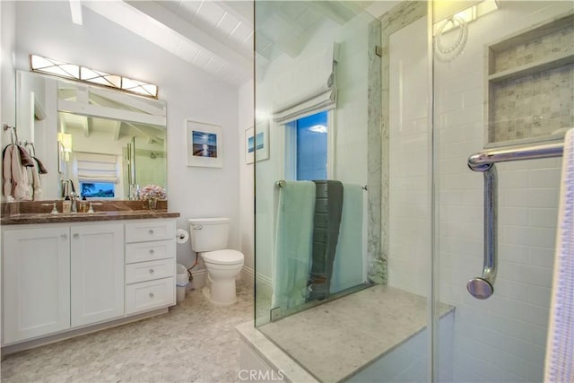 bathroom with lofted ceiling with beams, toilet, a shower with shower door, and vanity