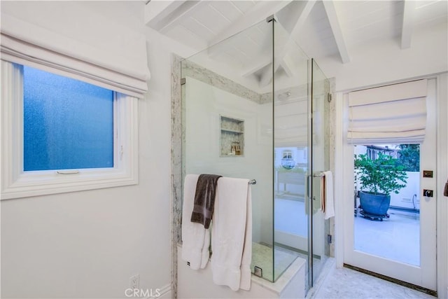 bathroom with lofted ceiling with beams and walk in shower