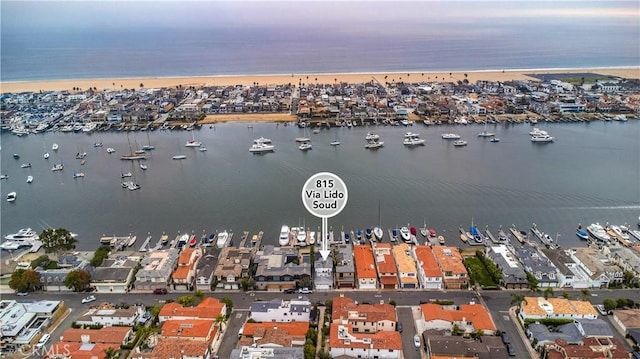 drone / aerial view with a water view and a view of the beach