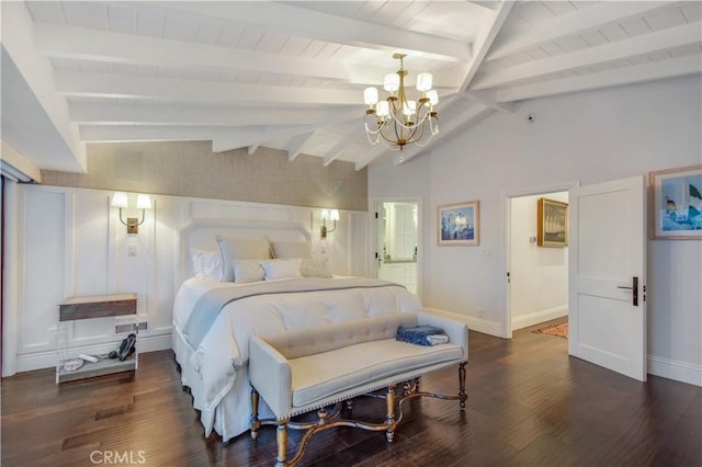 bedroom featuring vaulted ceiling with beams, ensuite bathroom, dark hardwood / wood-style flooring, and an inviting chandelier