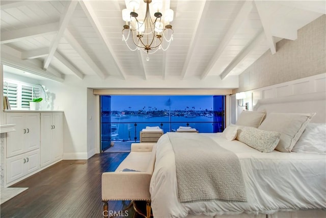 bedroom with access to outside, vaulted ceiling with beams, dark hardwood / wood-style flooring, and a chandelier