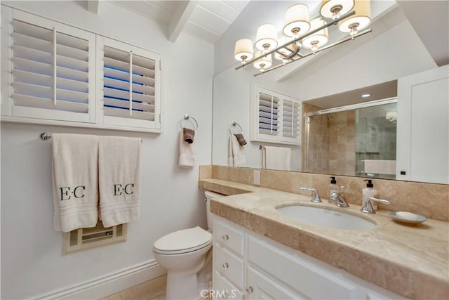 bathroom featuring vanity, a shower with door, lofted ceiling with beams, tile patterned flooring, and toilet