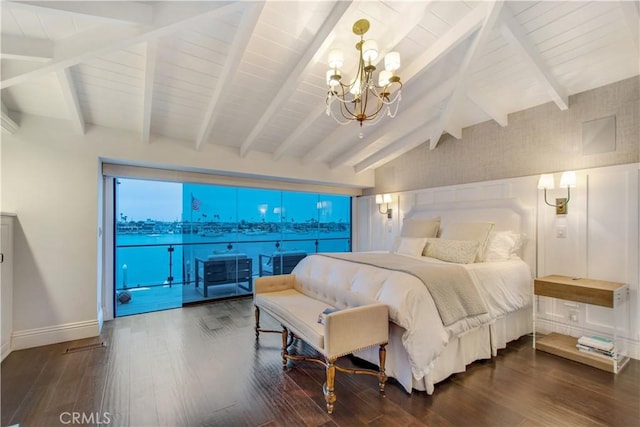 bedroom featuring vaulted ceiling with beams, dark wood-type flooring, a notable chandelier, and access to exterior