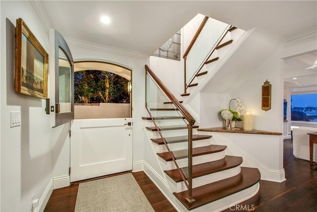 entryway featuring dark hardwood / wood-style flooring and crown molding