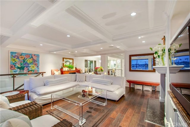 living room with beamed ceiling, dark hardwood / wood-style flooring, crown molding, and coffered ceiling