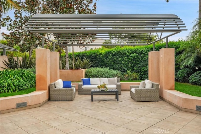 view of patio / terrace featuring an outdoor hangout area, visible vents, and a pergola