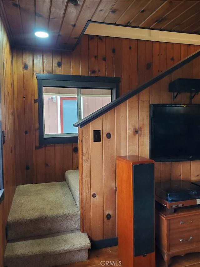 staircase with wood-type flooring, wood ceiling, and wood walls