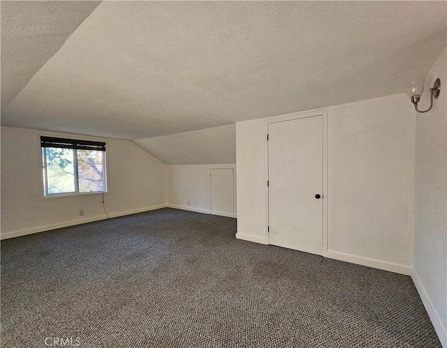 additional living space featuring dark carpet, a textured ceiling, and vaulted ceiling