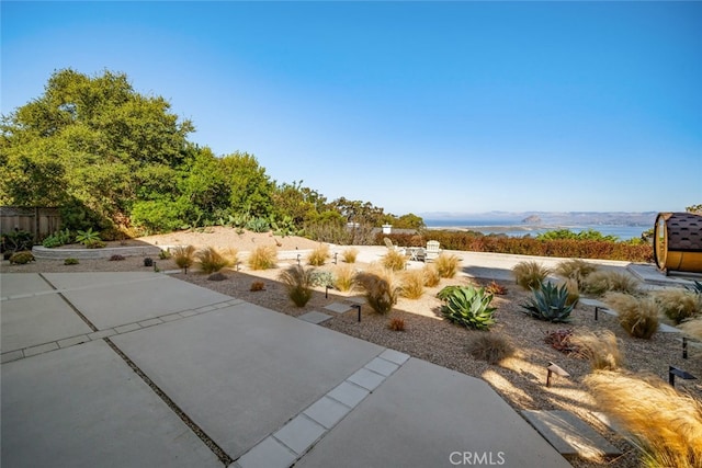 view of yard featuring a patio and a water and mountain view