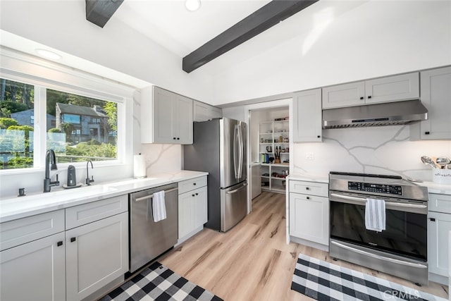 kitchen with appliances with stainless steel finishes, gray cabinetry, backsplash, light wood-type flooring, and vaulted ceiling with beams