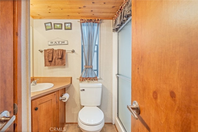 bathroom with vanity, an enclosed shower, wood ceiling, and toilet