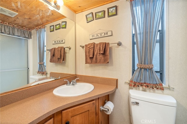 bathroom with vanity, toilet, and wooden ceiling