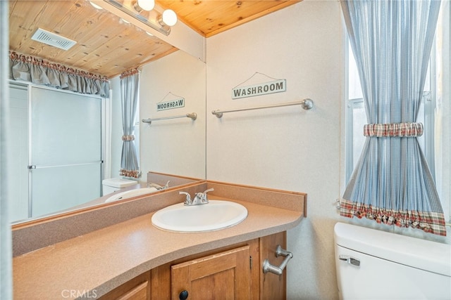 bathroom with vanity, toilet, and wooden ceiling