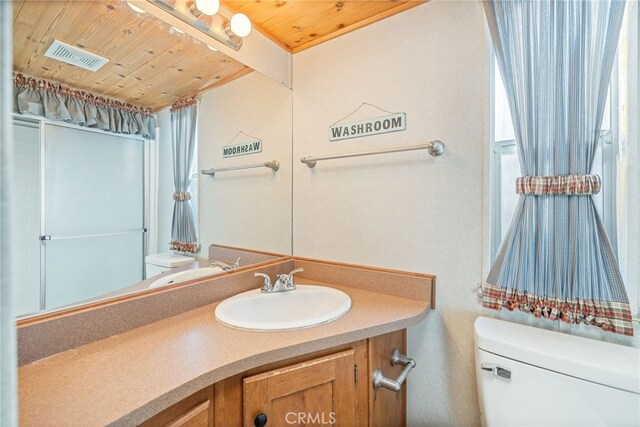 bathroom featuring vanity, wood ceiling, and toilet