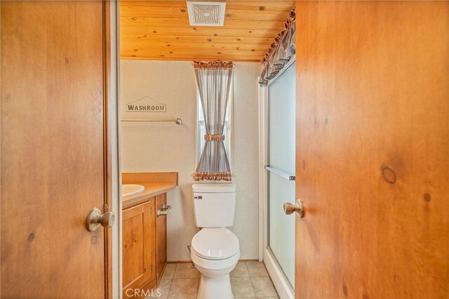 bathroom with wood ceiling, vanity, tile patterned flooring, toilet, and an enclosed shower