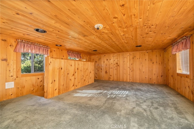 bonus room with wooden ceiling, carpet flooring, and wood walls