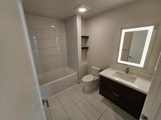 full bathroom with bathtub / shower combination, vanity, toilet, and tile patterned flooring