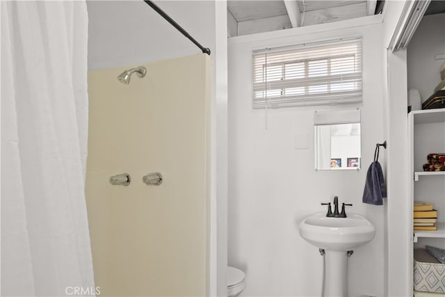 bathroom with walk in shower, sink, and toilet