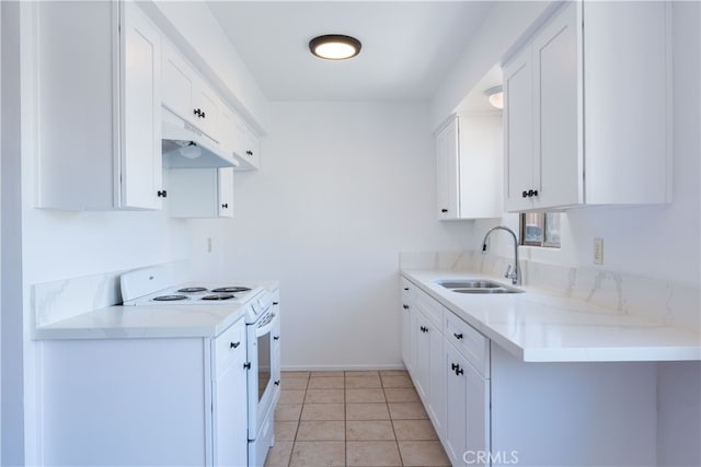 kitchen featuring white electric range, light tile patterned floors, white cabinetry, and sink