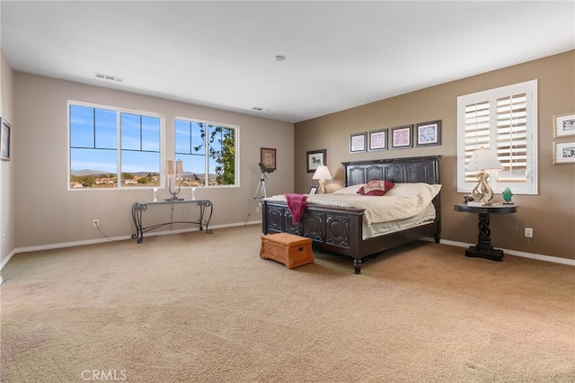 bedroom featuring multiple windows and light carpet