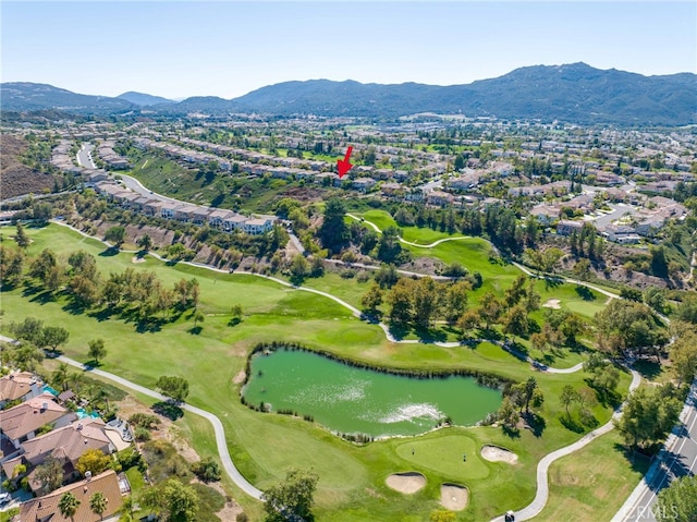 bird's eye view featuring a water and mountain view